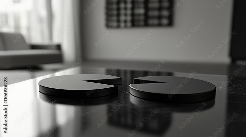 Aufkleber two black circular objects with a wedge cut out, resting on a glossy surface.