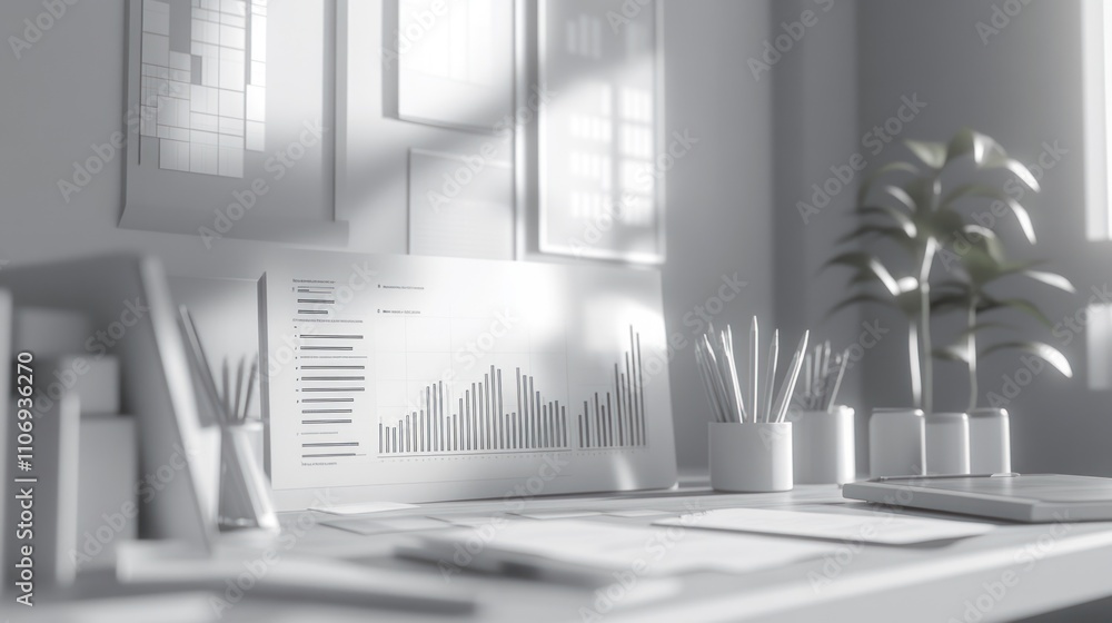 Poster a minimalist workspace with charts, plants, and stationery, emphasizing productivity.
