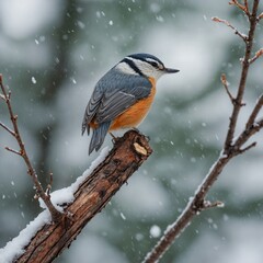 A red-breasted nuthatch perched on a pine tree branch, surrounded by snow with a white sky backdrop.