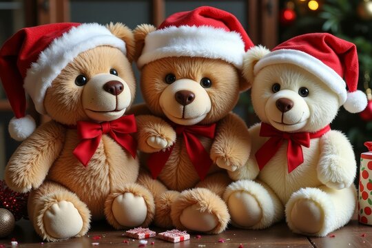 Three teddy bears wearing santa hats sit together - Powered by Adobe
