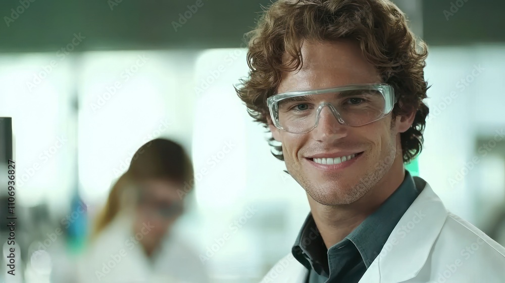 Aufkleber a smiling scientist in a lab coat and safety glasses, working in a laboratory setting.