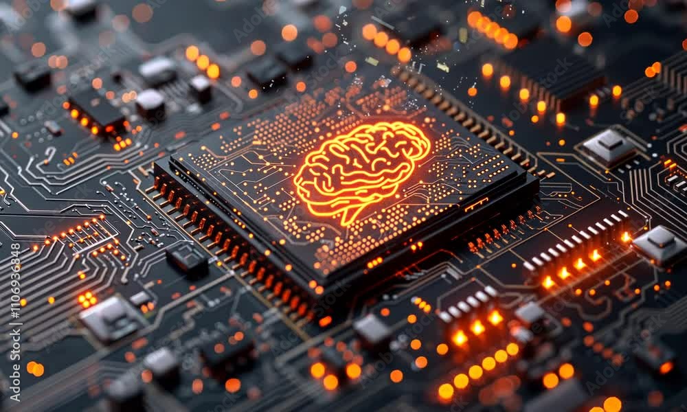 Poster a glowing brain icon is featured on a circuit board, representing artificial intelligence.