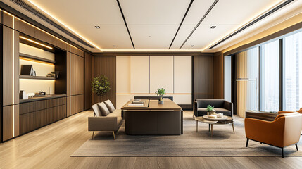 Modern office interior featuring elegant furnishings and abundant natural light