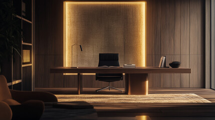 Elegant modern office space with warm lighting and minimalist design
