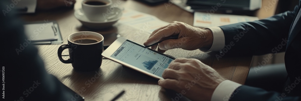Poster a business meeting with a person analyzing data on a tablet and coffee nearby.