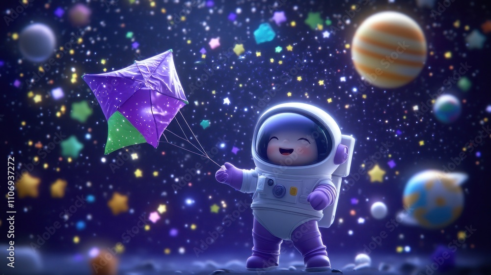 Poster a cheerful astronaut holding a colorful umbrella in a whimsical space setting with planets.