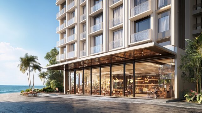 Modern Beachfront Hotel with Wooden Pergola and Ocean View