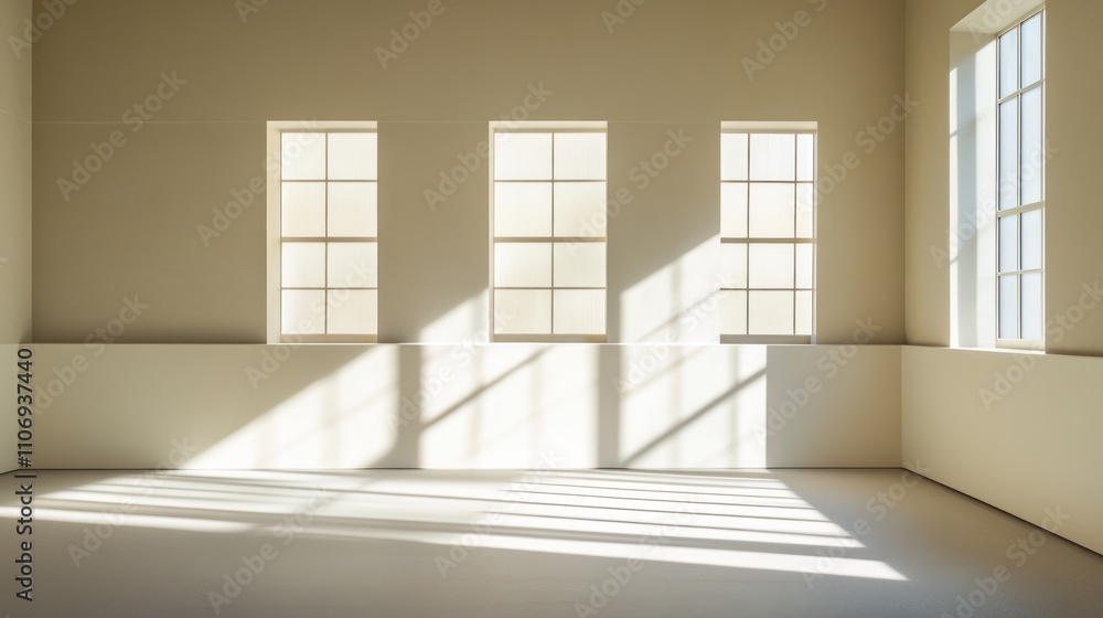 Poster a sunlit room with three windows casting shadows on a minimalist interior.
