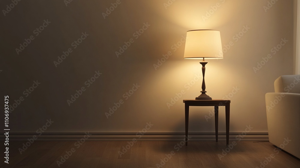 Poster a cozy corner with a lamp illuminating a simple room setting.