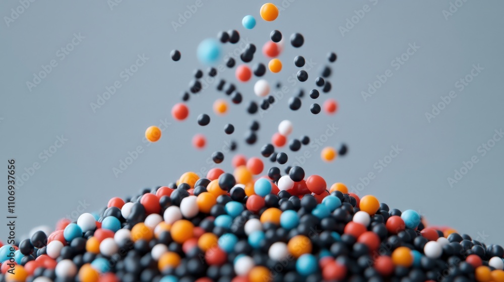 Poster Colorful 3D Render of Floating and Falling Spheres in Various Colors and Sizes Against a Soft Blurred Background, Abstract Artistic Concept