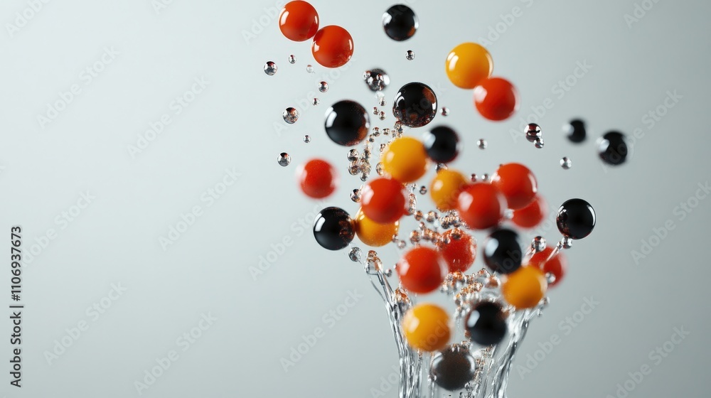 Poster colorful spheres in motion create a vibrant splash effect in a clear glass vase against a neutral ba