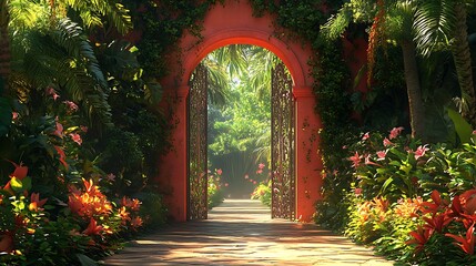 Fototapeta premium A coral-hued garden gate with hibiscus-inspired patterns, bordered by dense tropical foliage and bright flowers like hibiscus and bird of paradise,