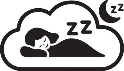 A minimalist flat icon in black and white representing sleeping on clouds 