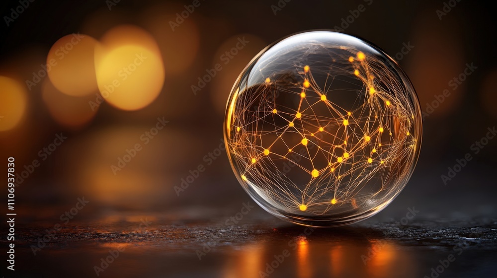 Poster glass sphere with illuminated connections symbolizing technology, network, and digital communication