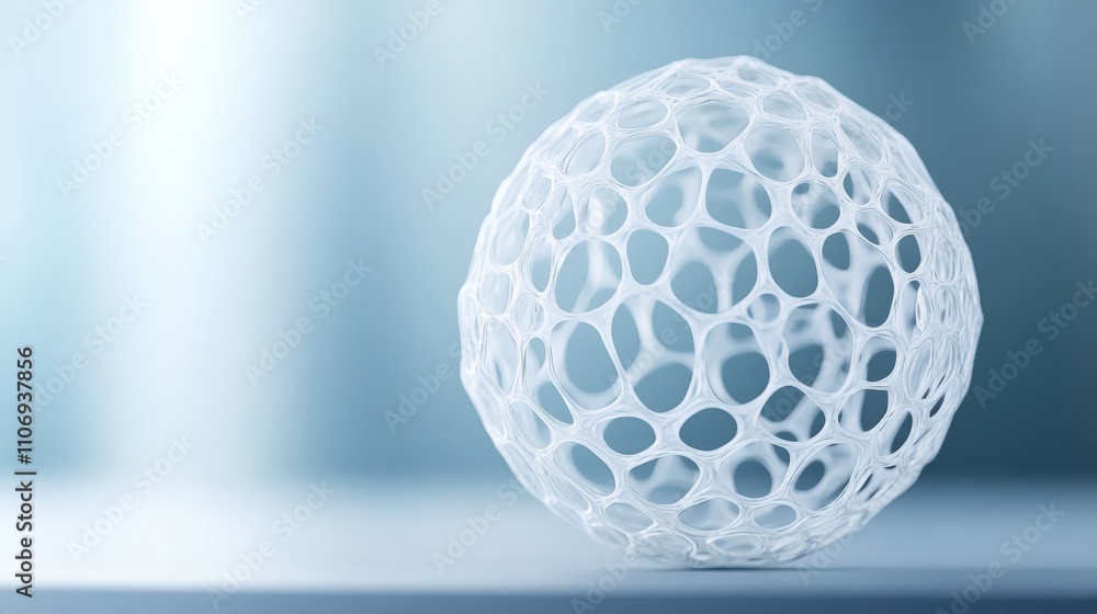 Poster Abstract representation of a spherical cell-like structure with a delicate mesh design, set against a softly blurred background emphasizing its intricate details and elegance.