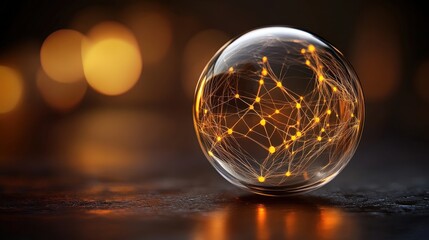 Glass sphere with illuminated connections symbolizing technology, network, and digital communication on a dark textured surface with bokeh lights