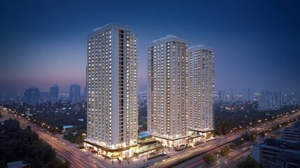 Fototapeta premium Two Modern Skyscrapers in an Urban Setting at Night