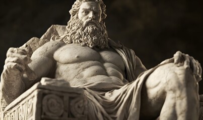 Obraz premium Zeus marble statue seated on stone throne with flowing beard in classical sculpture style
