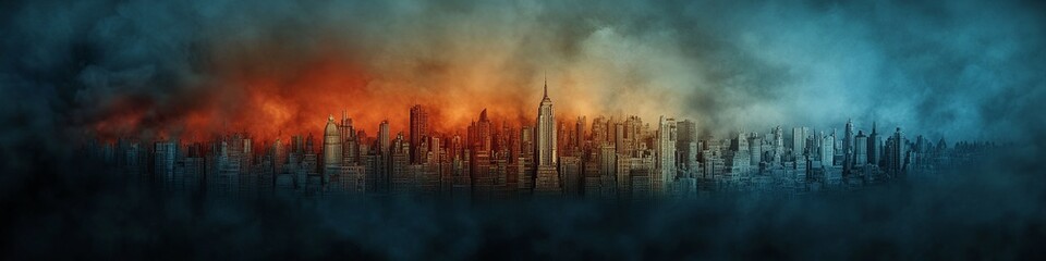 Obraz premium A dramatic skyline with smoke, transitioning from fiery red to icy blue tones, showcasing an apocalyptic scene.