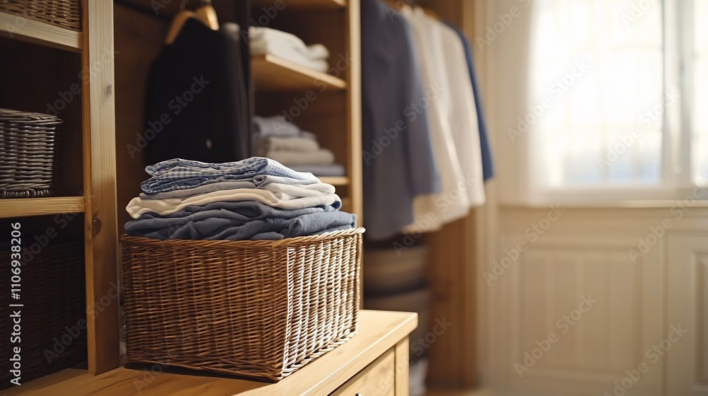 Poster a cozy storage space with neatly folded clothes in a wicker basket.