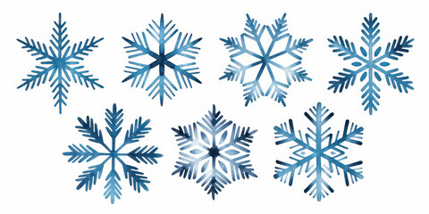 The image shows a collection of decorative snowflakes on a white background representing winter and holiday themes
