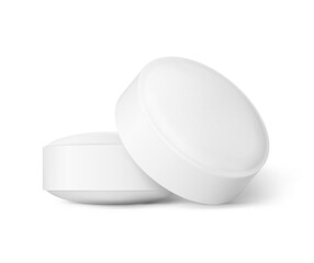 Realistic round tablet mockup isolated on white background. Vector illustration. Can be used for pharmacy and cosmetic. Mockup versatile for health and wellness projects.  EPS10.