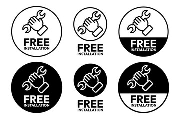 Free installation with hand and spanner icon set. Install, upgrade, fix, repair service icons. Free installation logo, label, badge, symbol, emblem, stamp, black, line, vector isolated illustration.