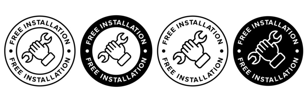 Free installation with hand and spanner icon set. Install, upgrade, fix, repair service icons. Free installation logo, label, badge, symbol, emblem, stamp, black, line, vector isolated illustration.