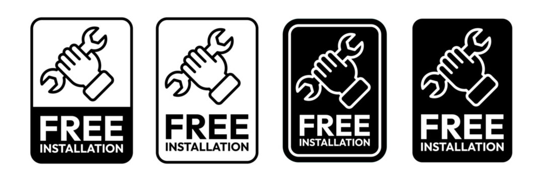 Free installation with hand and spanner icon set. Install, upgrade, fix, repair service icons. Free installation logo, label, badge, symbol, emblem, stamp, black, line, vector isolated illustration.