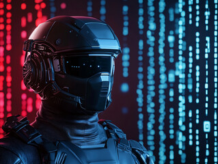 Fototapeta premium Futuristic soldier in black armor against digital backdrop, exuding strength