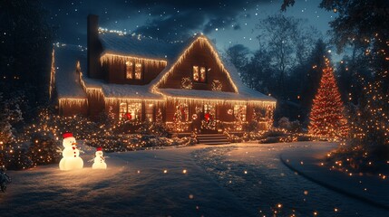A cozy, festive house illuminated with holiday lights in a snowy landscape.