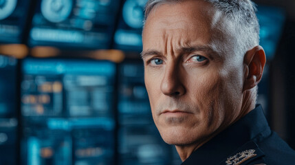 Intense officer with gray hair, focused on digital screens in control room