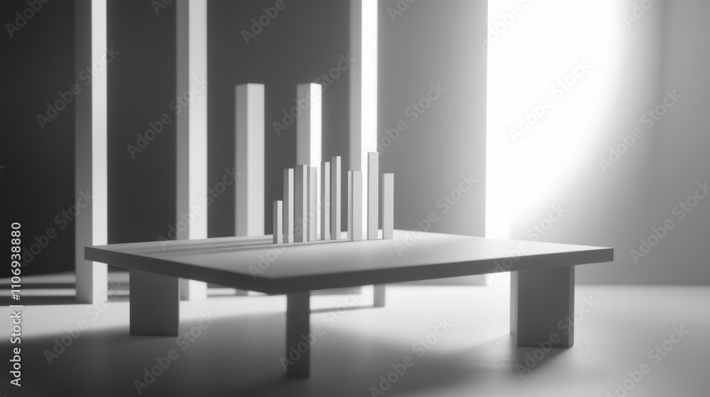 Poster a minimalist scene featuring a table with vertical rods, emphasizing light and shadow.