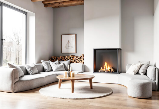 Minimalist Living Room Interior Design with Fireplace, Shofa And Table