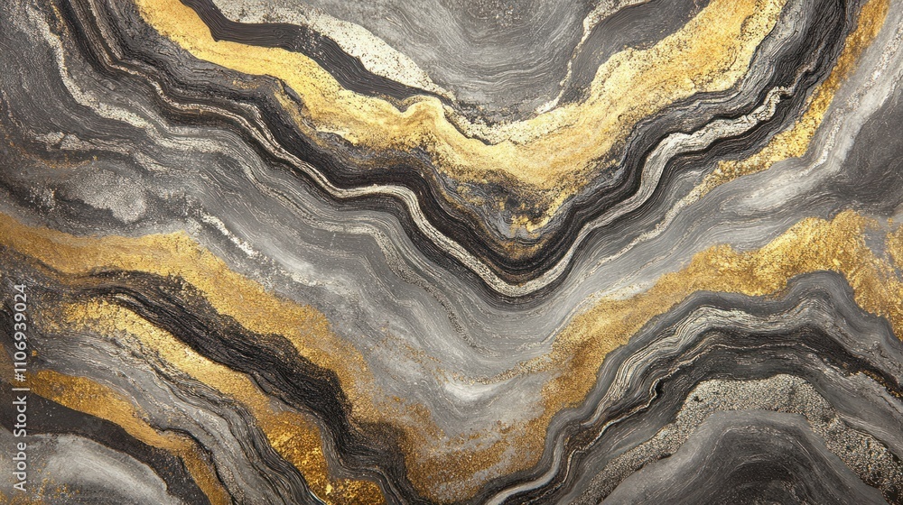 Poster Abstract design featuring wavy patterns in gray and gold tones.