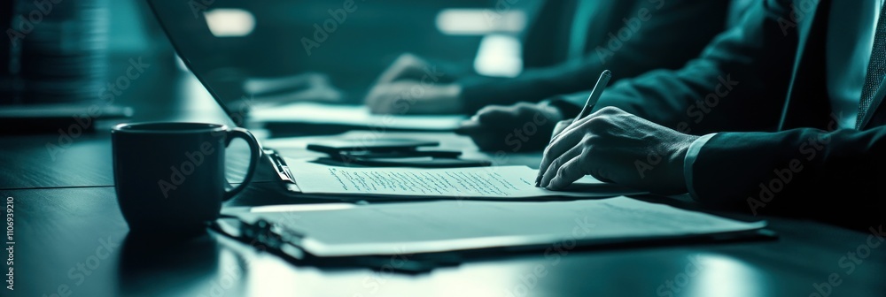 Poster a business meeting with individuals discussing documents at a table.