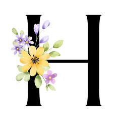 Alphabet, letter H with watercolor flowers and leaf. Floral monogram initials perfectly for logo, wedding invitations, greeting card, poster and other design. Hand painting.