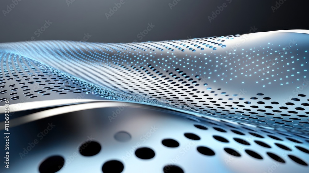 Poster abstract wave-like pattern with metallic surface and dotted texture, conveying motion and fluidity.