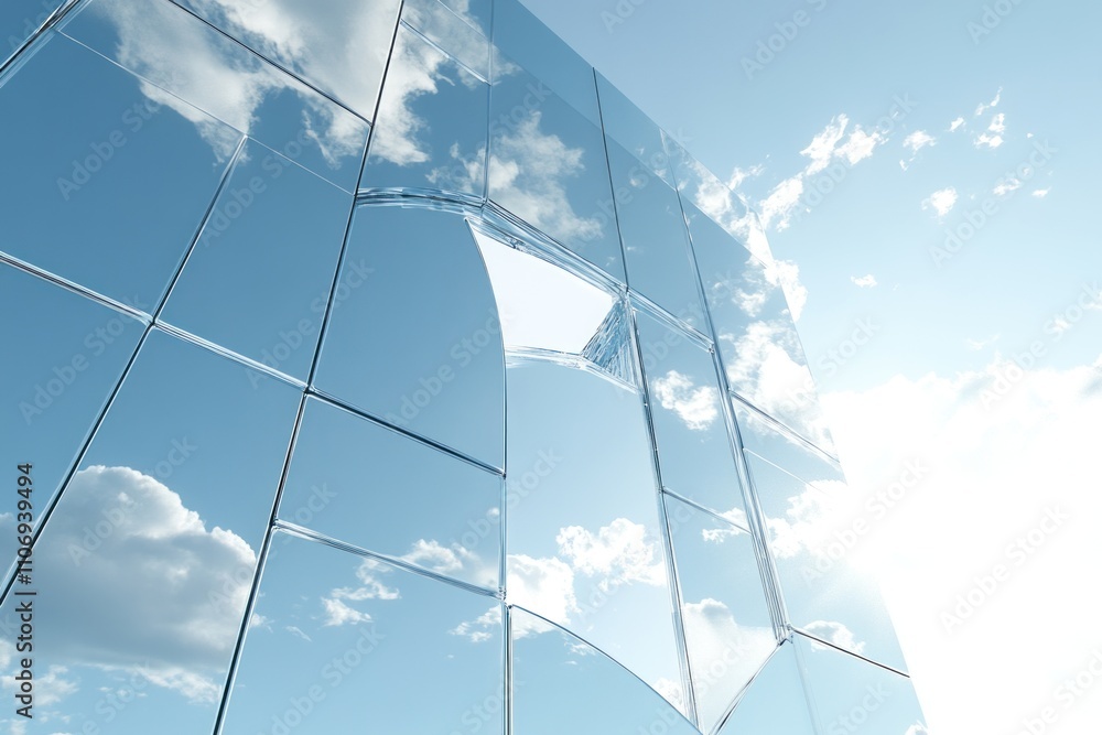 Poster a reflective structure with a broken section, revealing blue skies and clouds beyond.