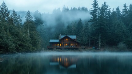Fototapeta premium Serene Lakeside Cabin in Misty Forest