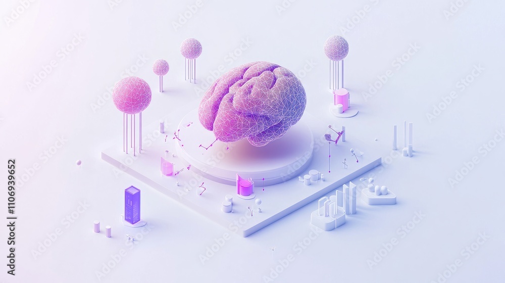 Poster a stylized brain surrounded by abstract trees and geometric shapes in a pastel color scheme.