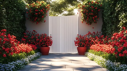 Obraz premium A modern white gate with artistic red floral accents, surrounded by matching pots of blooming red geraniums, soft natural light emphasizing the contrast and detail, a refined and inviting entryway,