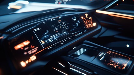 Fototapeta premium Futuristic car interior with digital dashboard and orange accents.