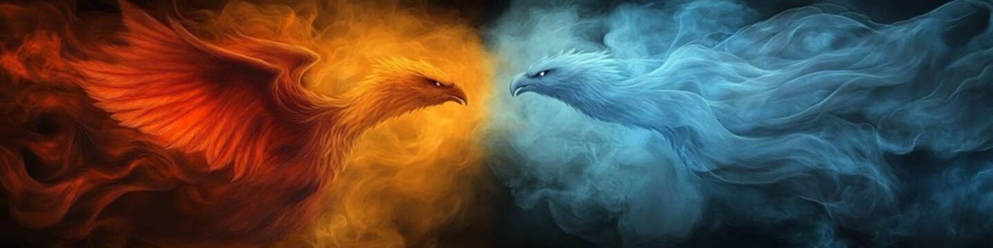 Two majestic phoenixes, one fiery orange and the other icy blue, face off in a dramatic standoff.