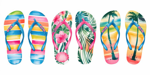 Summer Flip-Flops Collection: A vibrant array of summer flip-flops, each with a unique and eye-catching design, perfect for beach vacations or warm-weather adventures.