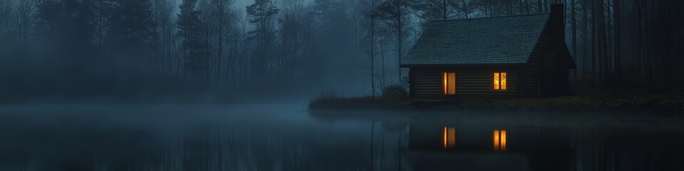 Fototapeta premium A cozy wooden cabin by a misty lake at twilight, with warm lights glowing from the windows.