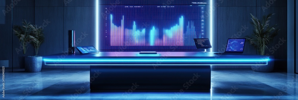 Aufkleber A modern workspace featuring a high-tech desk with digital displays and data visualizations.