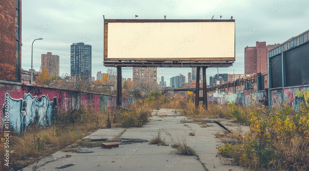 Poster A deserted area featuring an empty billboard surrounded by overgrown vegetation and urban decay.