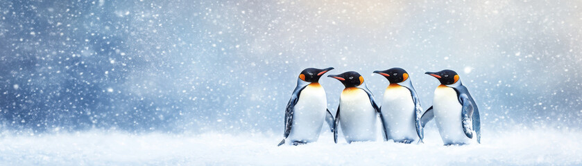 Obraz premium Huddled together, four penguins stand in snowy landscape, showcasing unity