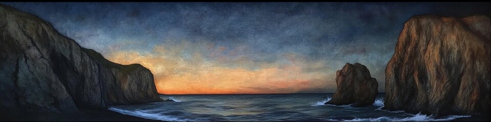 A stunning seascape at sunset, showcasing dramatic cliffs and tranquil waters in vibrant, blended hues.
